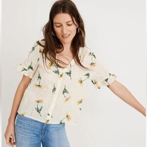 MADEWELL | Eyelet Village Ruffle-Sleeve Shirt in “Sunflower Scatter”
